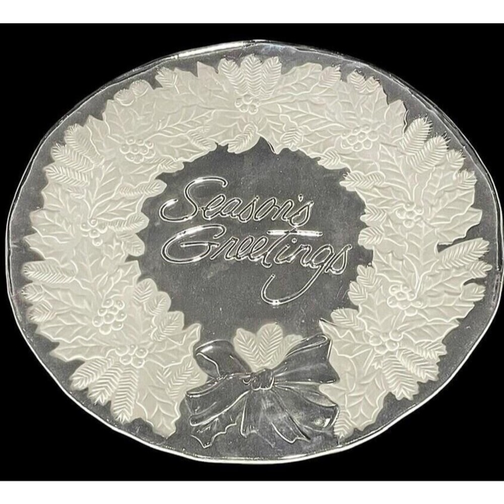 Vintage Mikasa Season’s Greetings Wreath Embossed Clear & Frosted Glass Platter